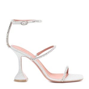 Amina Muaddi Gilda Embellished Glitter Sandals In Metallic Silver